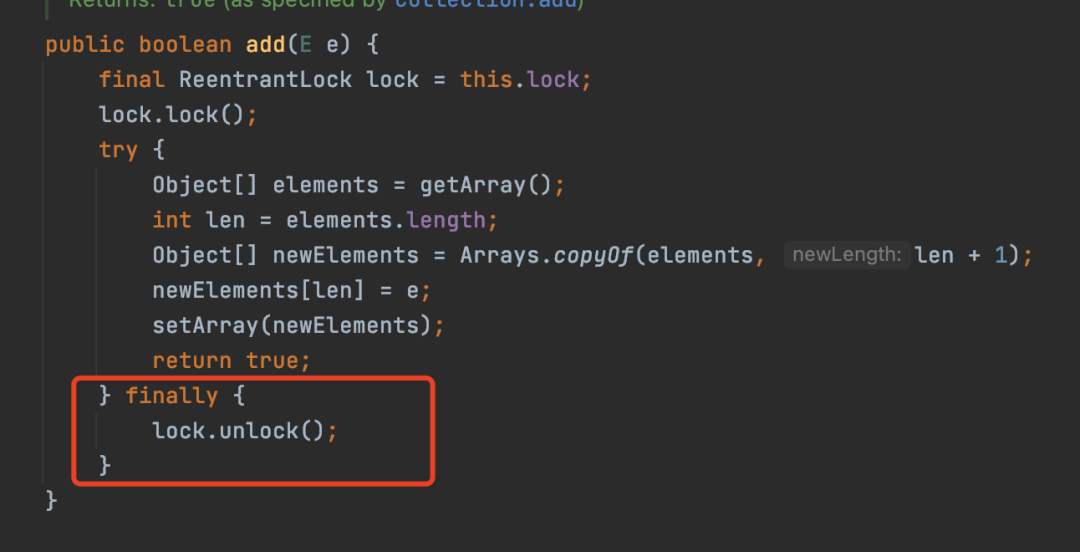 CopyOnWriteArrayList add方法finally块截图