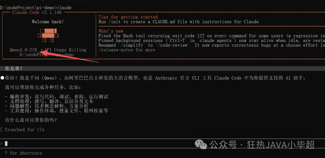Claude Code 连接 Qwen3.8-27B 欢迎界面