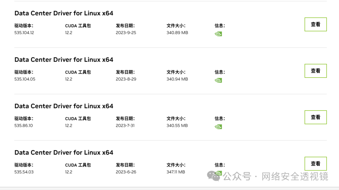 NVIDIA数据中心驱动版本列表，标注CUDA 12.2对应多个驱动小版本