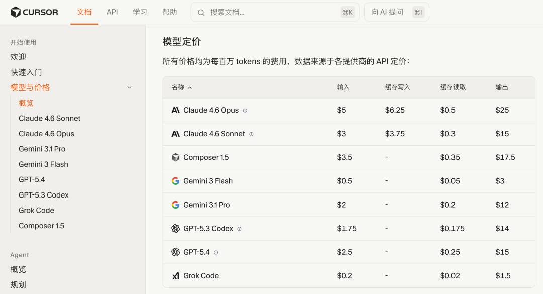 Cursor模型定价页面截图