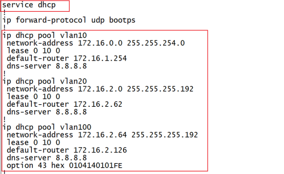 交换机DHCP服务配置,vlan10、vlan20、vlan100三个地址池及option 43