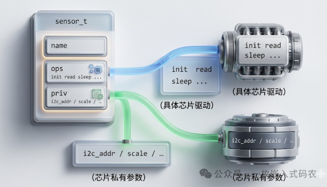 传感器驱动架构示意图，展示结构体、操作函数指针与私有数据的关系