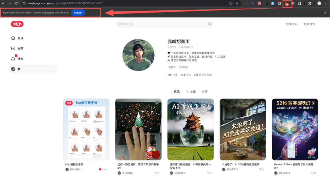 已登录的小红书博主主页，浏览器工具栏插件图标显示 ON 状态