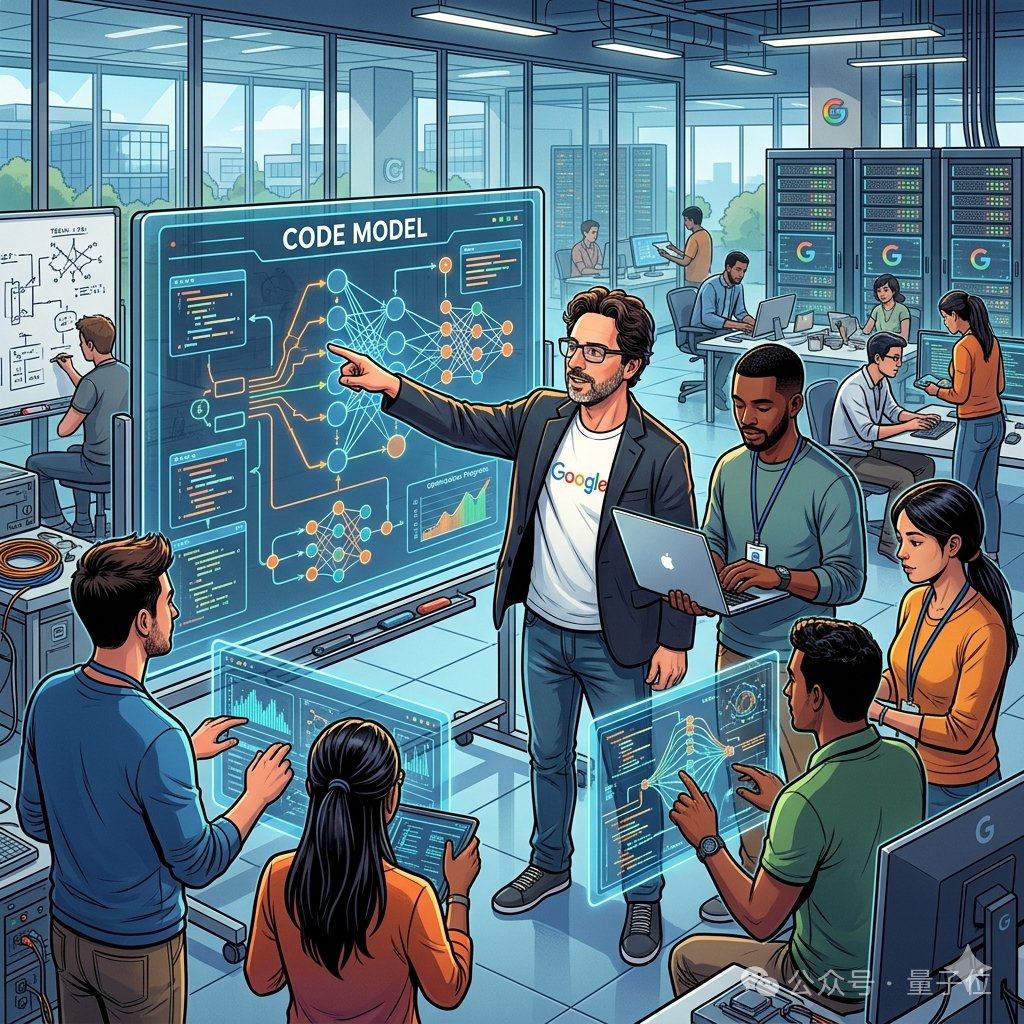 描绘Google团队研发CODE MODEL的科技插画