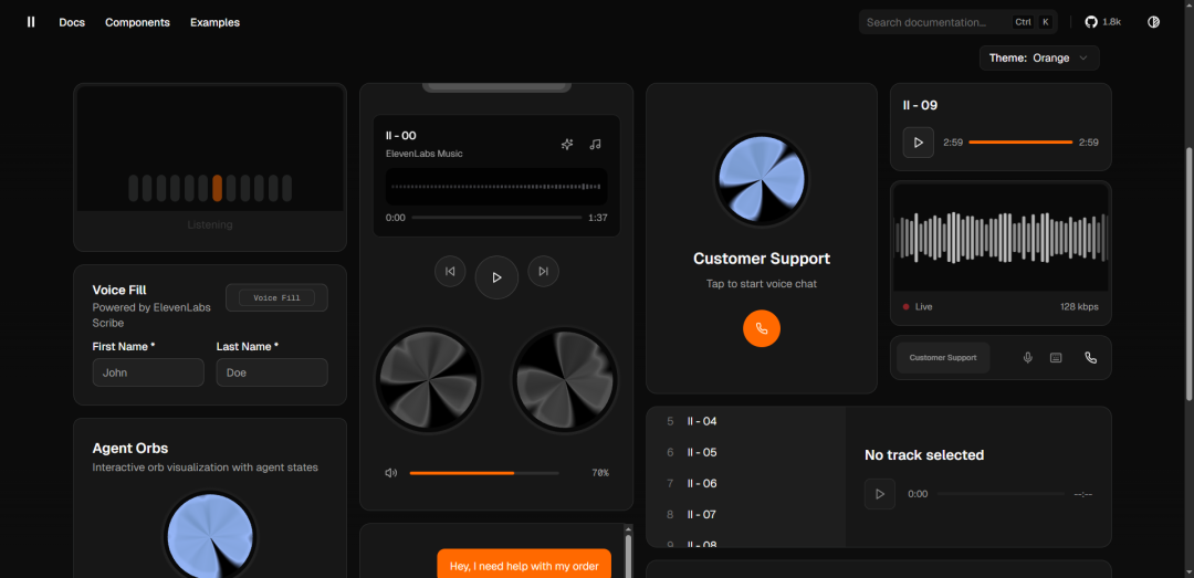 ElevenLabs UI 组件库主界面演示
