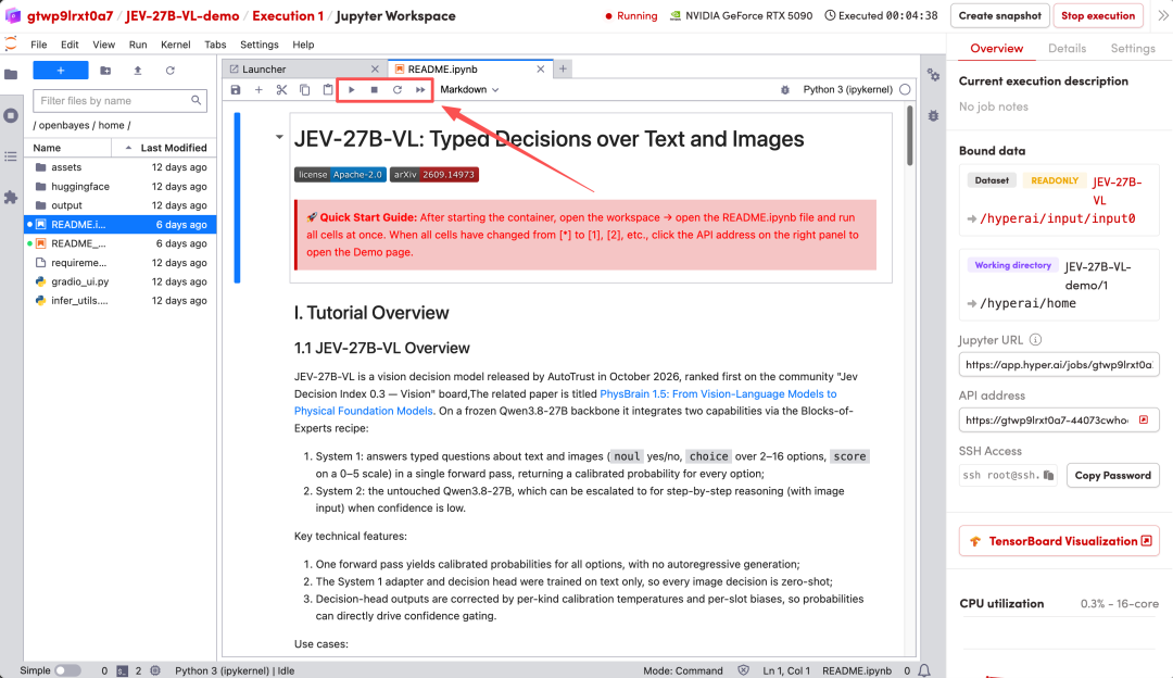 Jupyter Workspace：JEV-27B-VL README笔记本运行界面