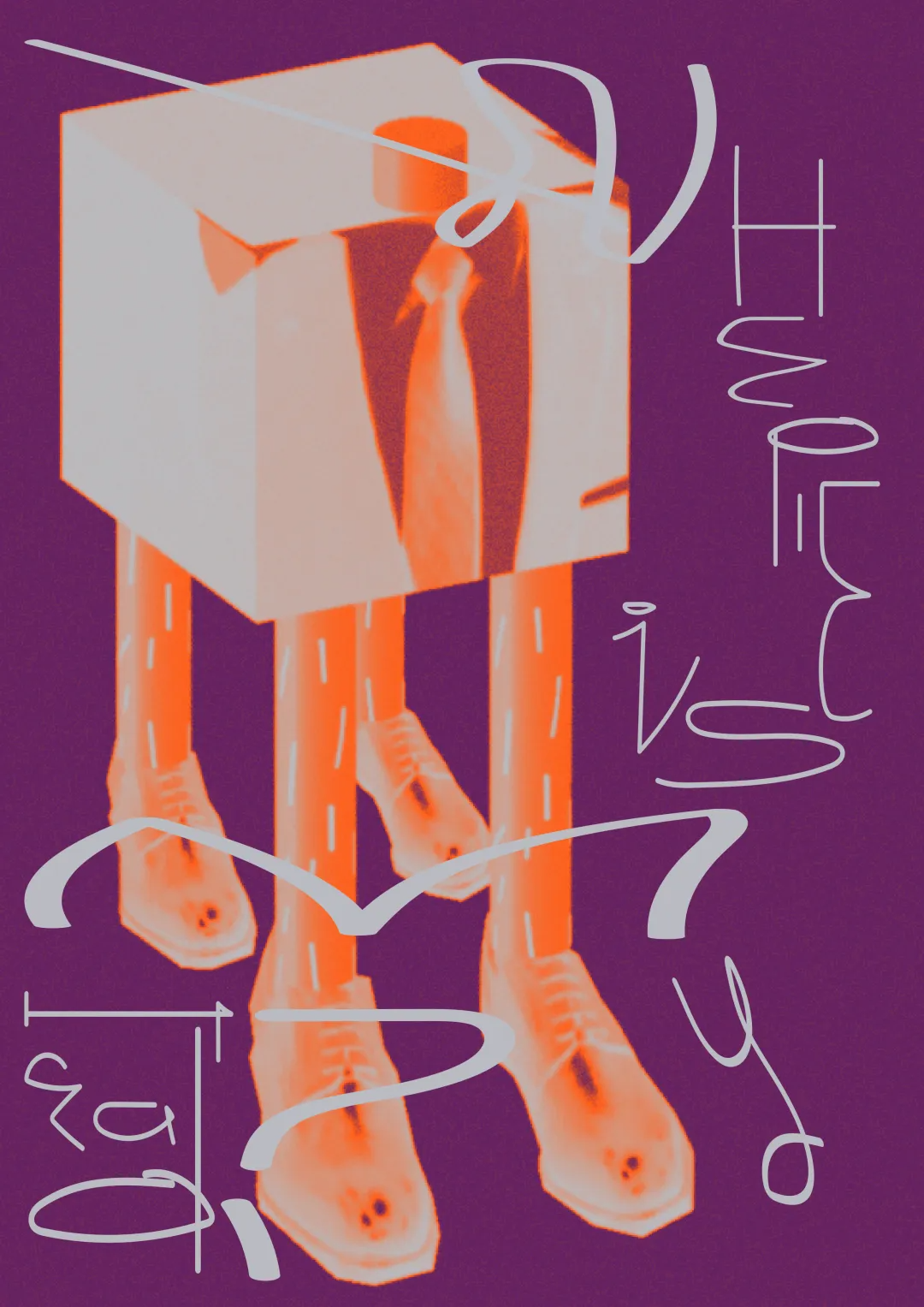 紫色背景：橙色立方体人物，西装领带，“TWO”竖排，“OQA”符号