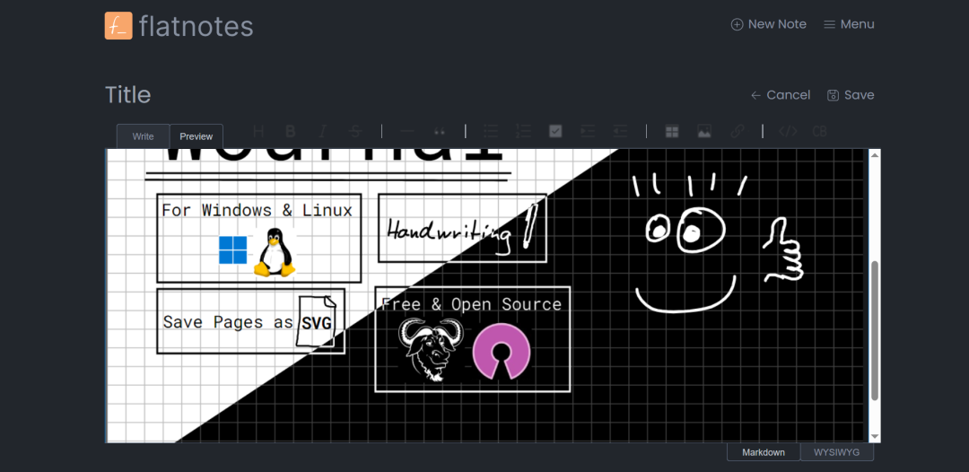 flatnotes 编辑界面展示:支持 Windows、Linux、SVG 导出和开源属性