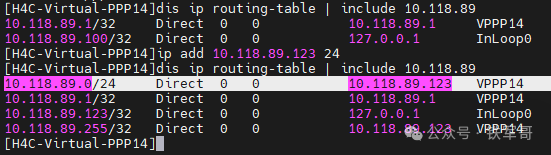 路由器路由表查询结果,显示修改掩码后自动生成直连路由