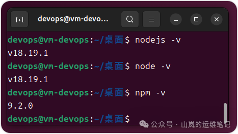 验证 Node.js 和 npm 版本命令输出截图