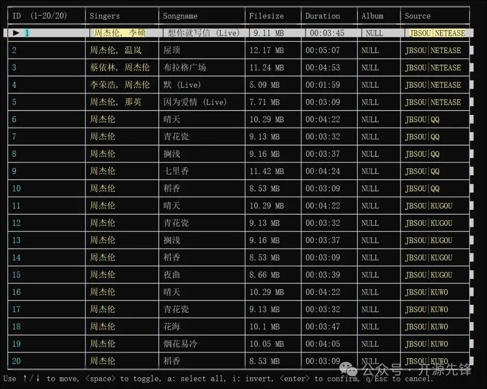 周杰伦歌曲搜索结果列表