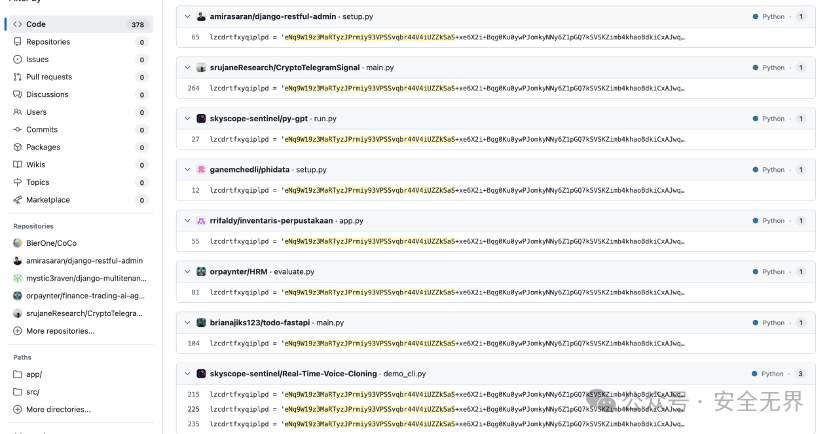 GitHub代码仓库搜索结果截图,显示大量被植入恶意代码的Python项目