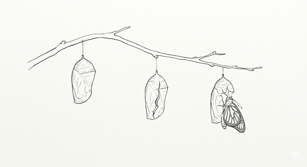 蝴蝶破茧而出的三个阶段，象征成长与蜕变