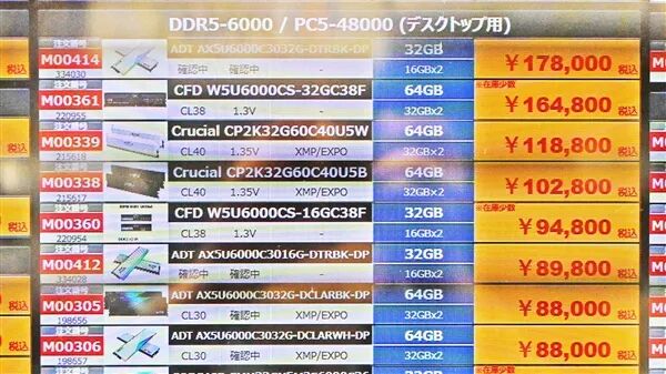 电商产品价格对比表，列出多款DDR5-6000内存套装及日元标价