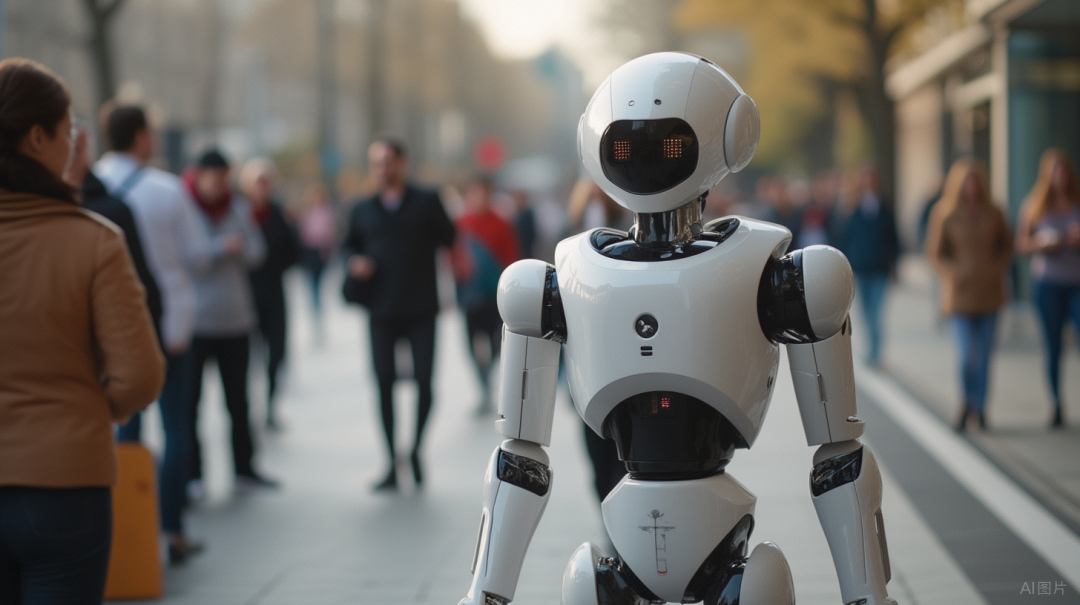 城市街道上的白色人形机器人