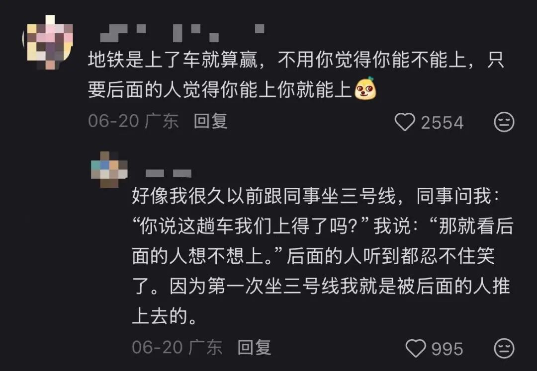 地铁通勤评论截图:被后面的人推上车才能上车
