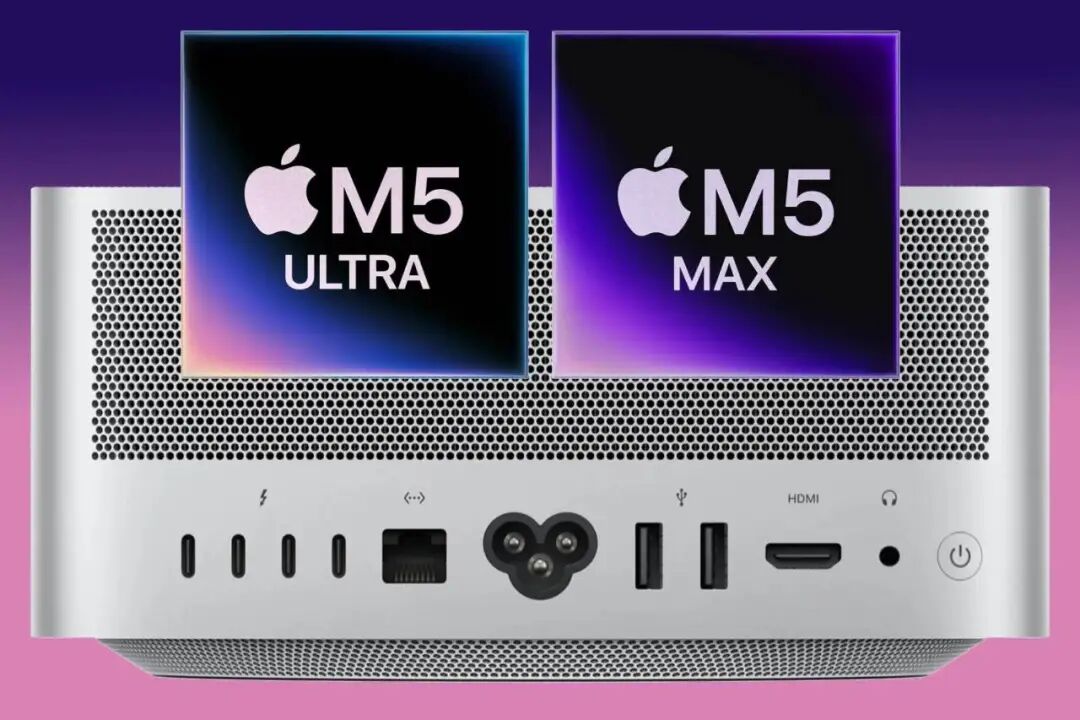 Mac Studio正面接口特写与M5 Ultra、M5 Max标识