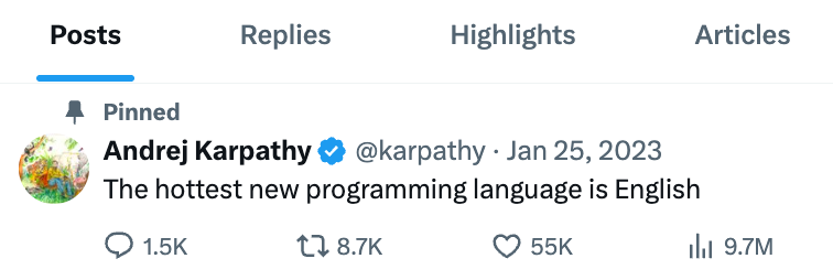 Andrej Karpathy“最热门编程语言是英语”的推文截图