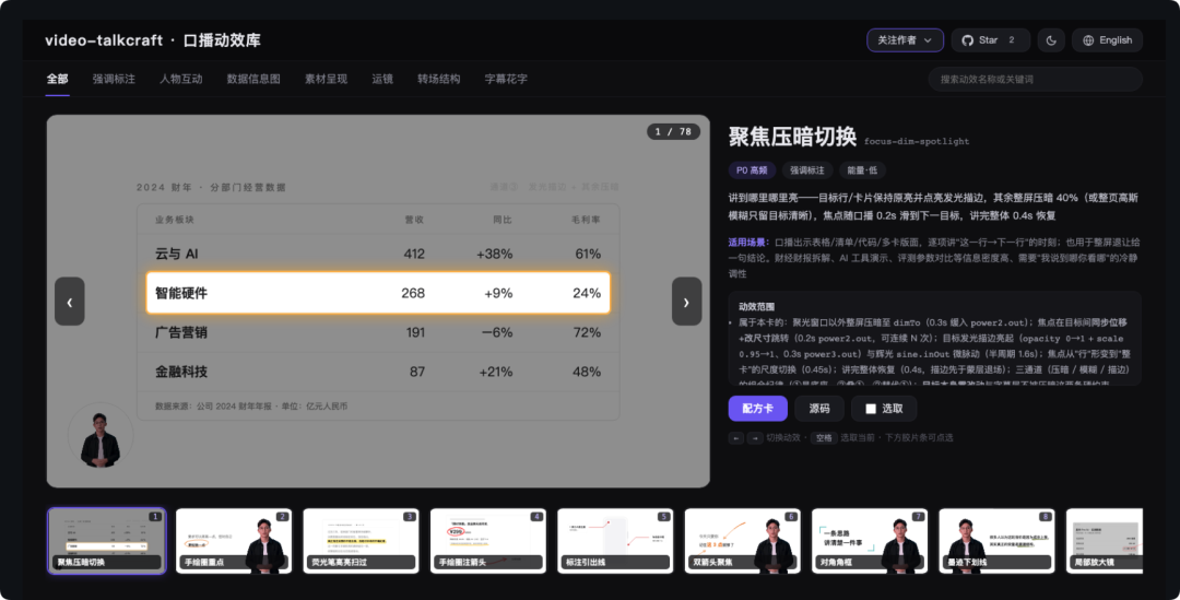 video-talkcraft 口播动效库界面展示聚焦压暗切换等动效