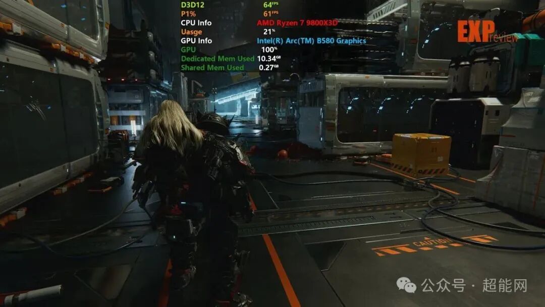 Intel B580运行游戏截图，显示显存占用10.34GB