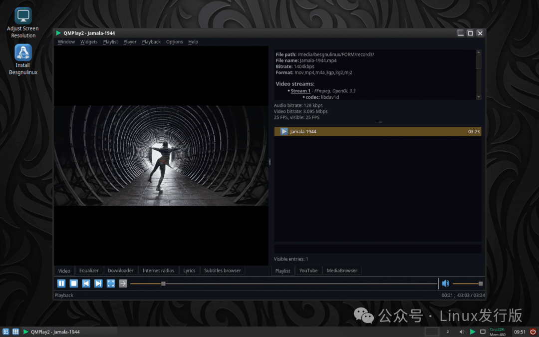Besgnulinux 内置媒体播放器 QMPlay2 运行界面