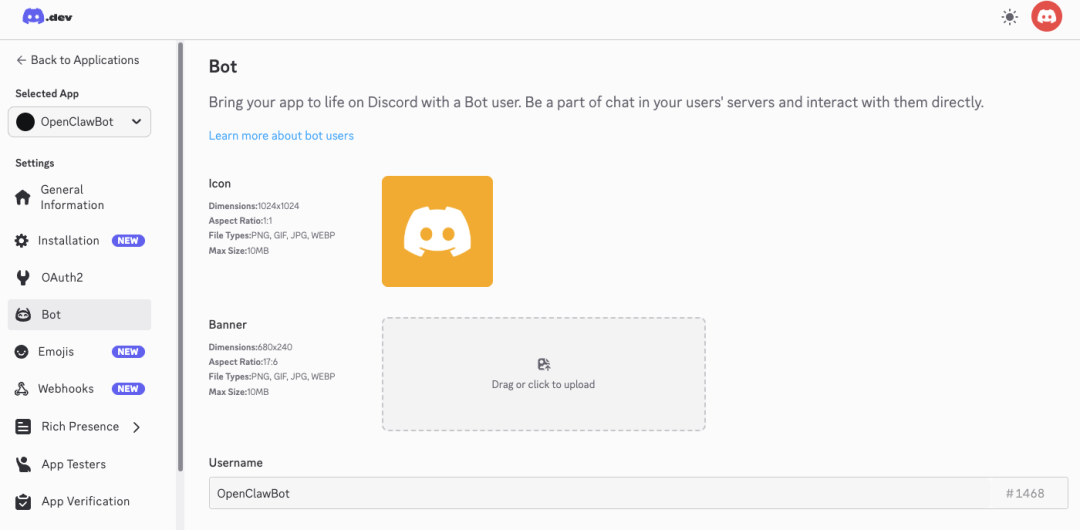 应用设置页面，左侧Bot选项被选中