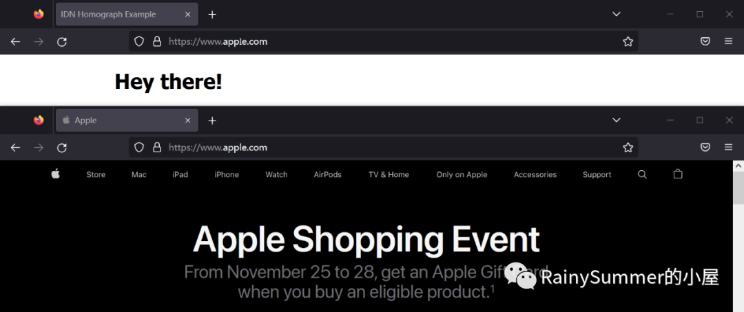 IDN同形异义域名钓鱼示例：伪造的apple.com与真实官网对比