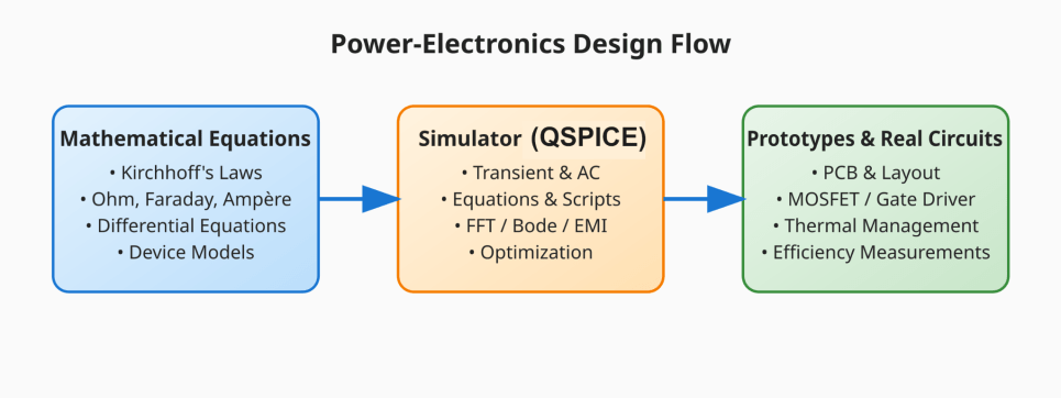 电力电子设计流程示意图，展示了从数学方程到仿真器再到物理原型的完整流程