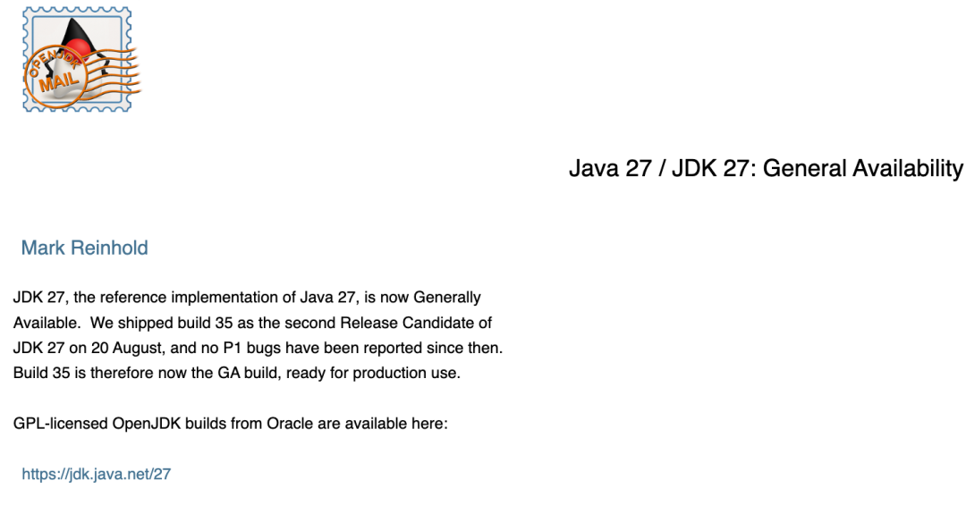 OpenJDK 邮件宣布 Java 27 / JDK 27 正式 GA