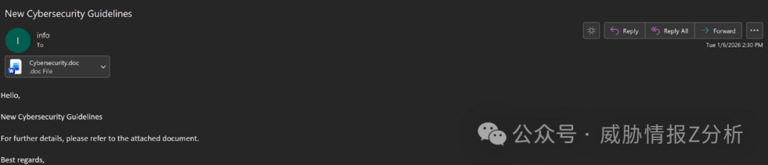 钓鱼邮件截图，主题为“网络安全指南”