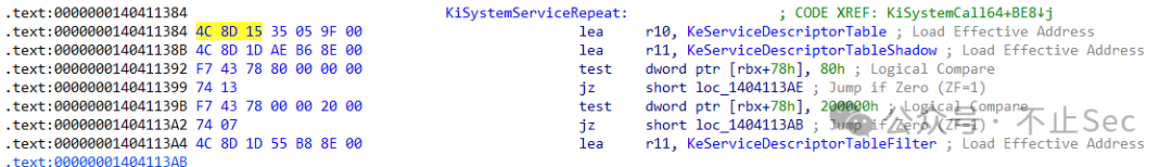 KiSystemServiceRepeat反汇编代码,包含SSDT引用