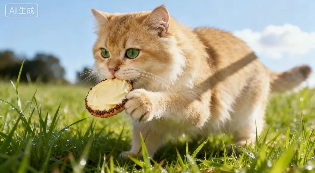 基于详细Prompt生成的图片:猫在草地吃饼干