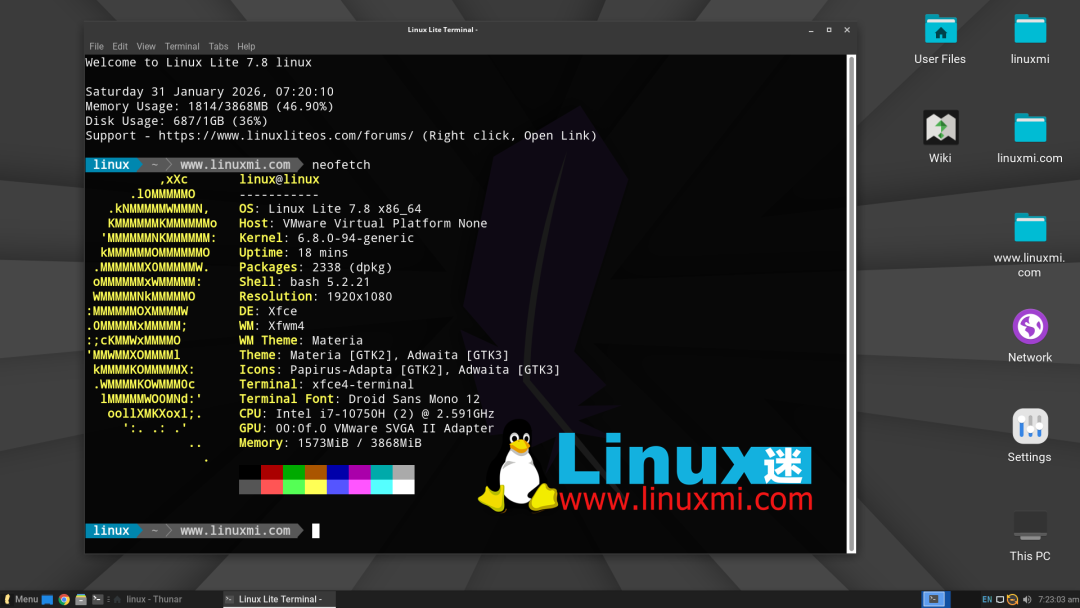 Linux Lite 7.8 终端中运行 neofetch 显示系统信息