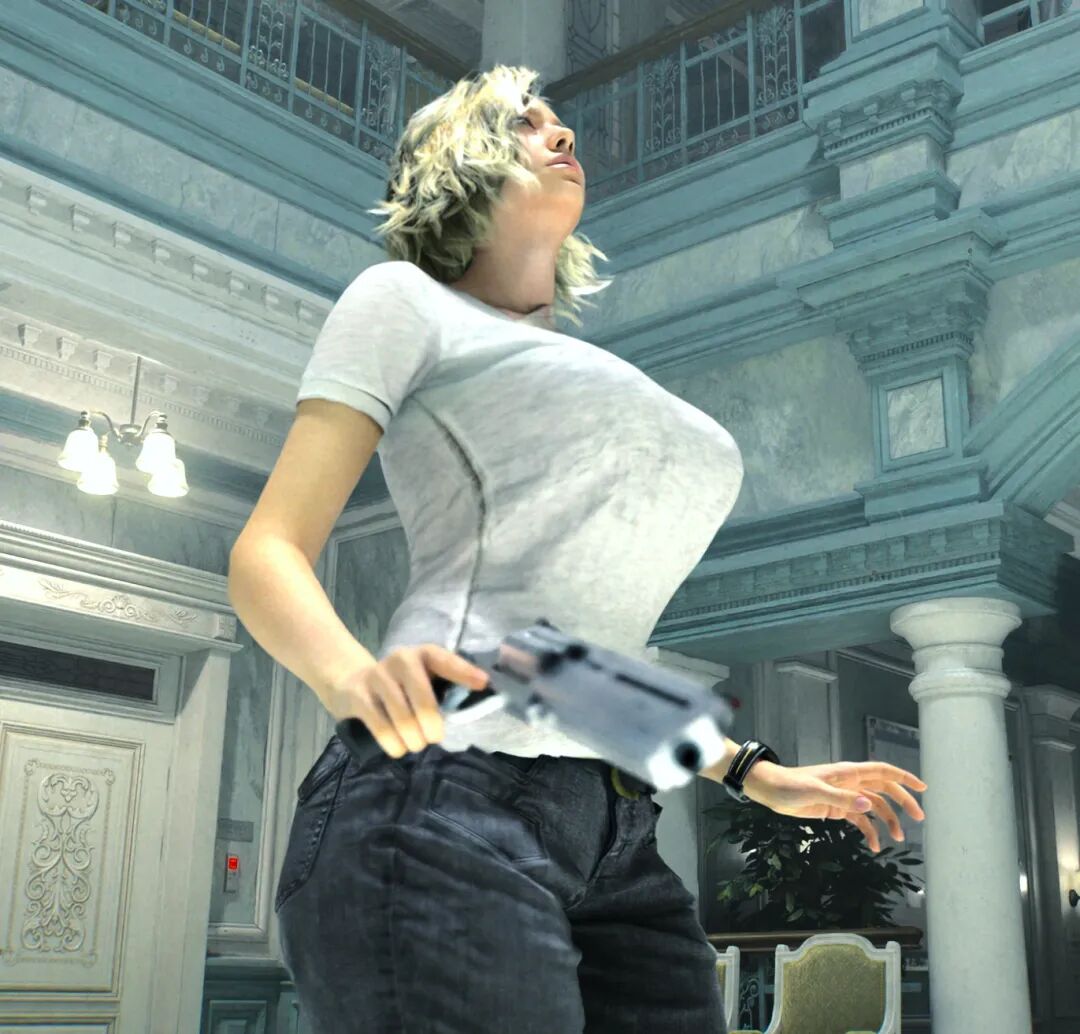 《生化危机9》女主角格蕾丝持枪仰视截图