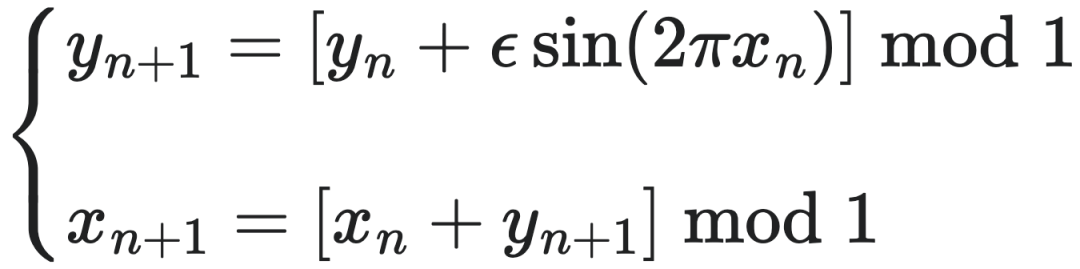 $y_{n+1} = [y_n + \varepsilon \sin(2\pi x_n)] \mod 1$&nbsp;&nbsp;
$x_{n+1} = [x_n + y_{n+1}] \mod 1$