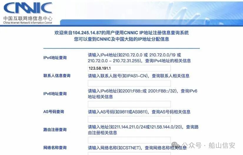 CNNIC IP地址查询系统网页界面截图