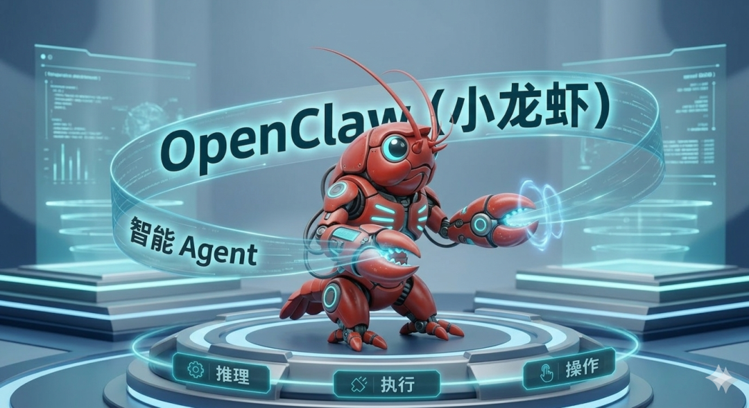一个红色机械小龙虾造型的AI智能体,站在充满科技感的平台上
