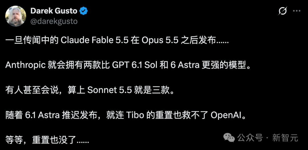 Darek Gusto 关于 Claude Fable 5.5 与 OpenAI 对比推文