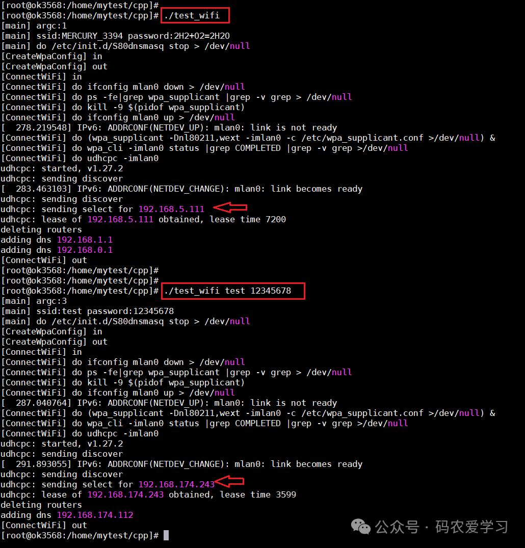 test_wifi 程序实际运行日志与 IP 分配结果