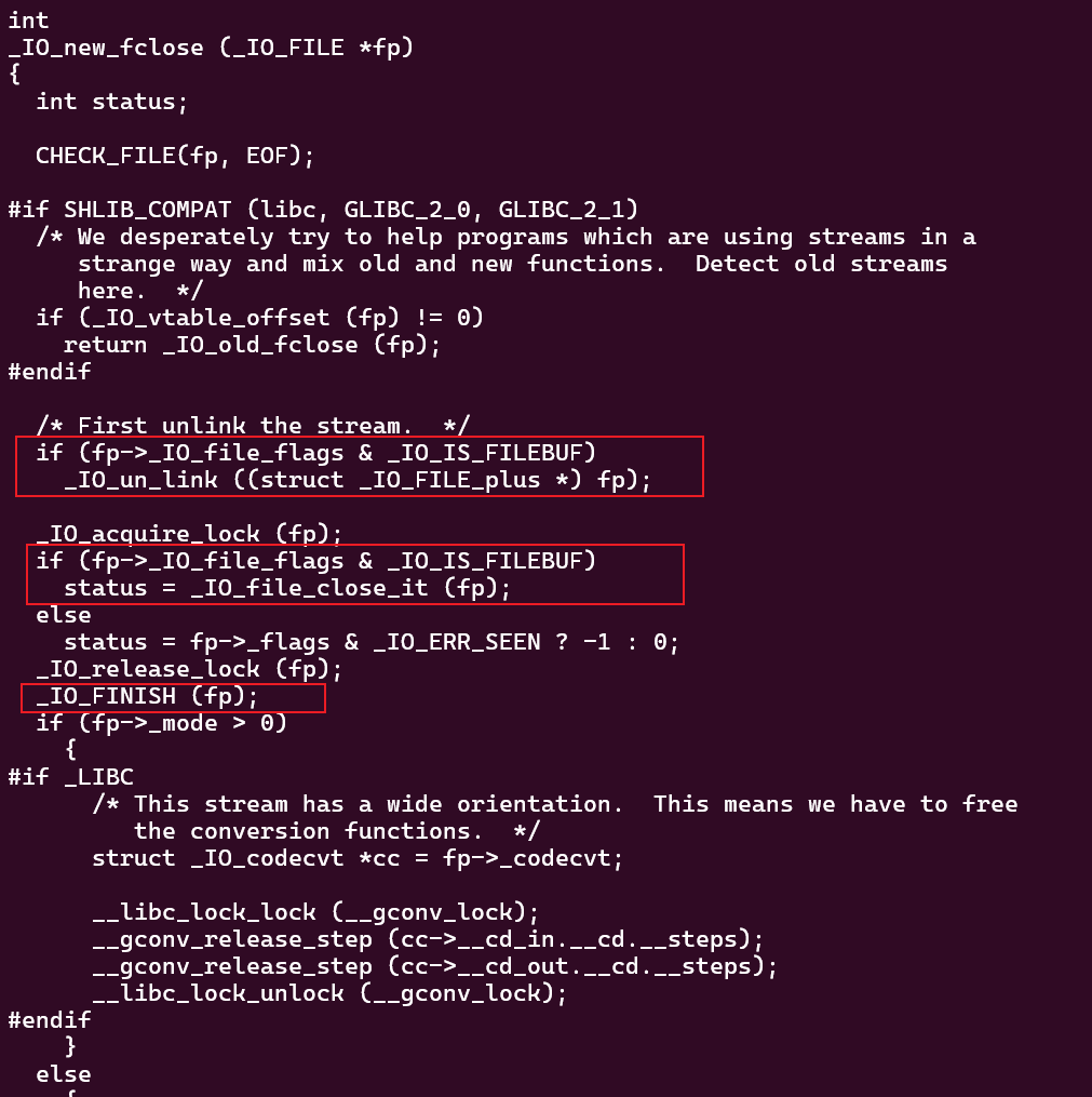 _IO_new_fclose函数源码片段，展示脱链和清理操作