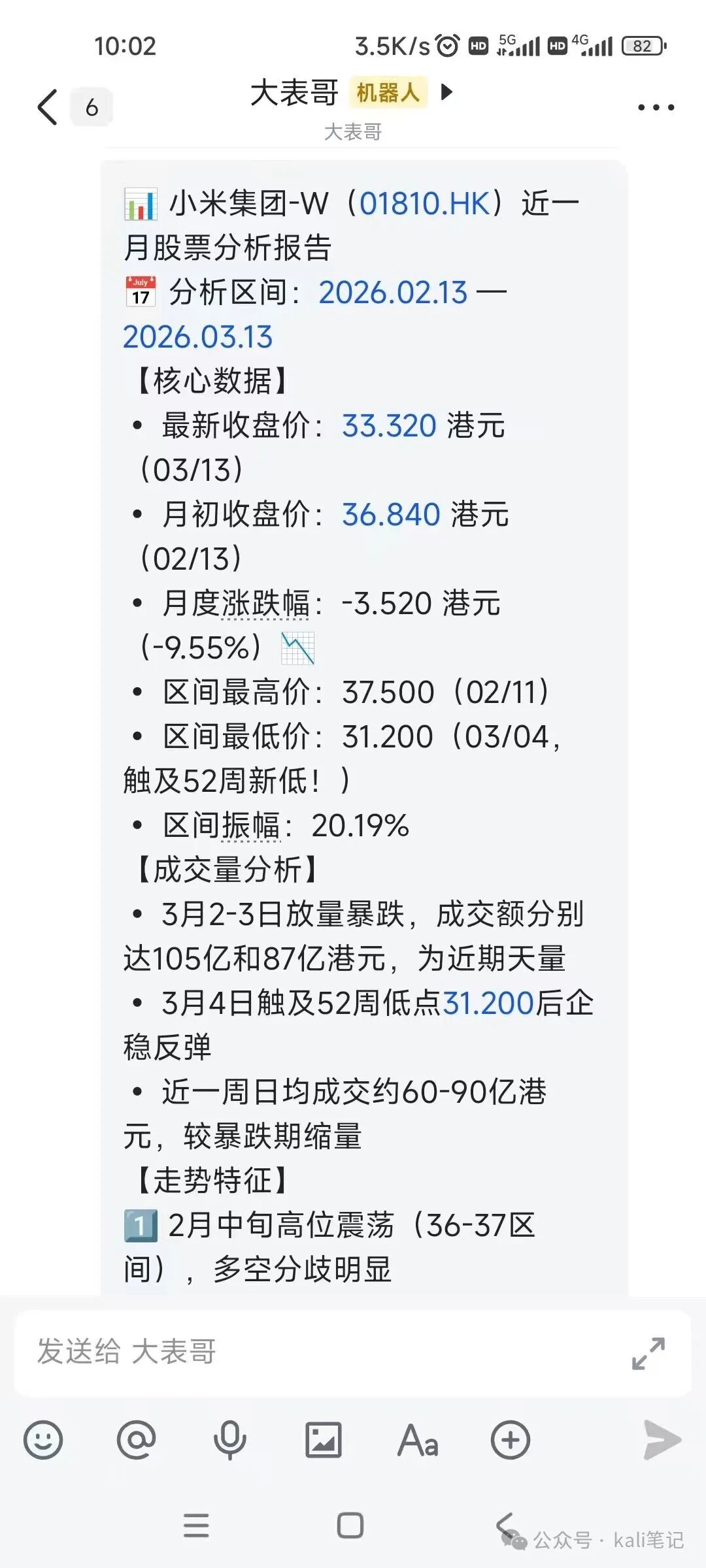 AutoClaw 生成的小米股票分析报告内容