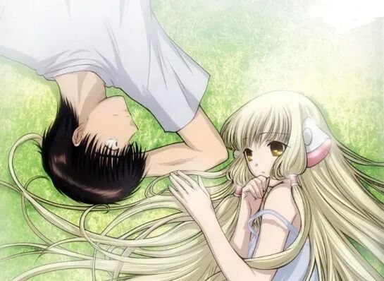 动漫风格插画,男女角色卧于草地