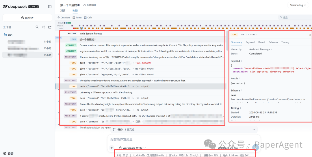 DeepSeek Harness会话轨迹视图，展示1轮57步的完整执行过程