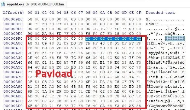 目标进程 regedit.exe 内存 hexdump:载荷已驻留 Edit 控件文本区