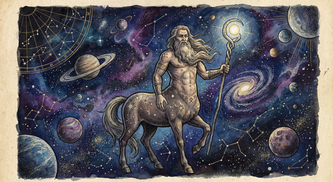 描绘“半人马”协作概念的宇宙神祇插画