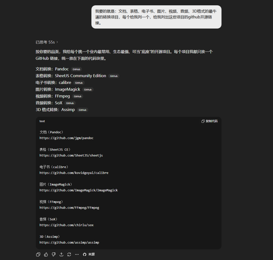 AI回复，列出各领域顶级格式转换工具及GitHub链接