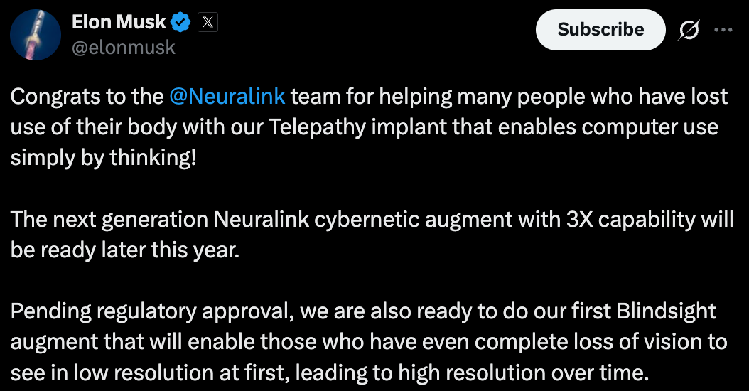 马斯克祝贺Neuralink团队的推文