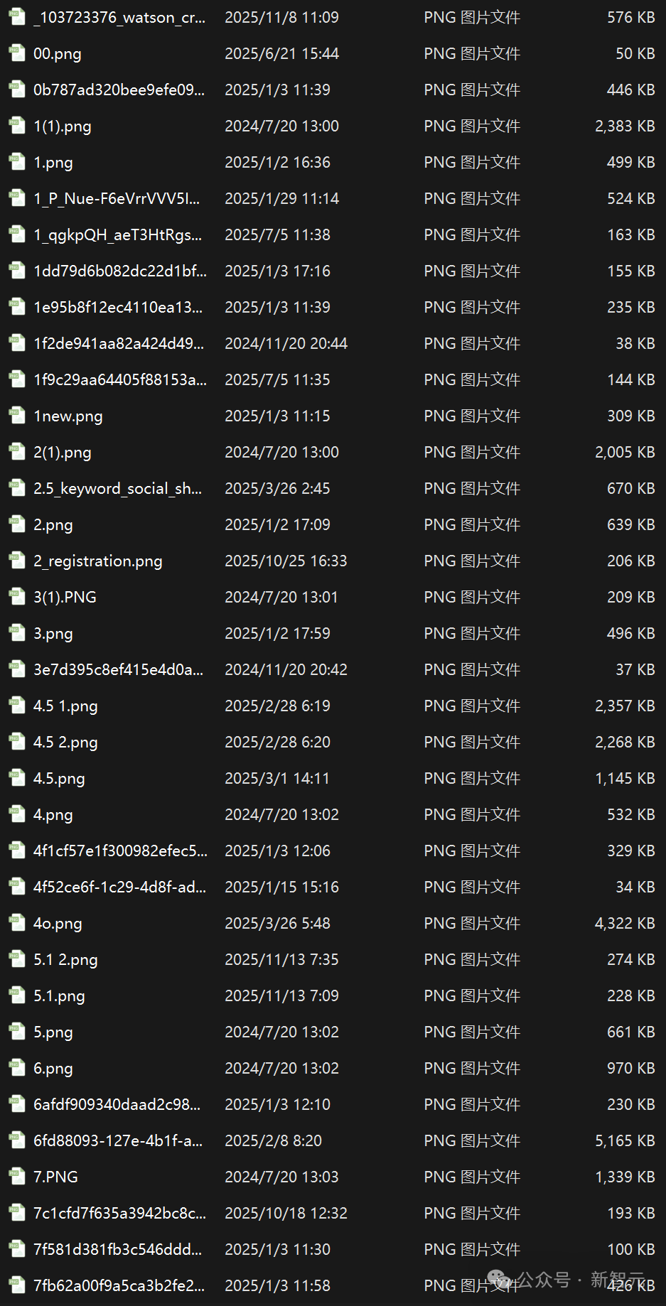 图片显示了一个文件列表界面，背景为深色，列出了多个PNG格式的图像文件