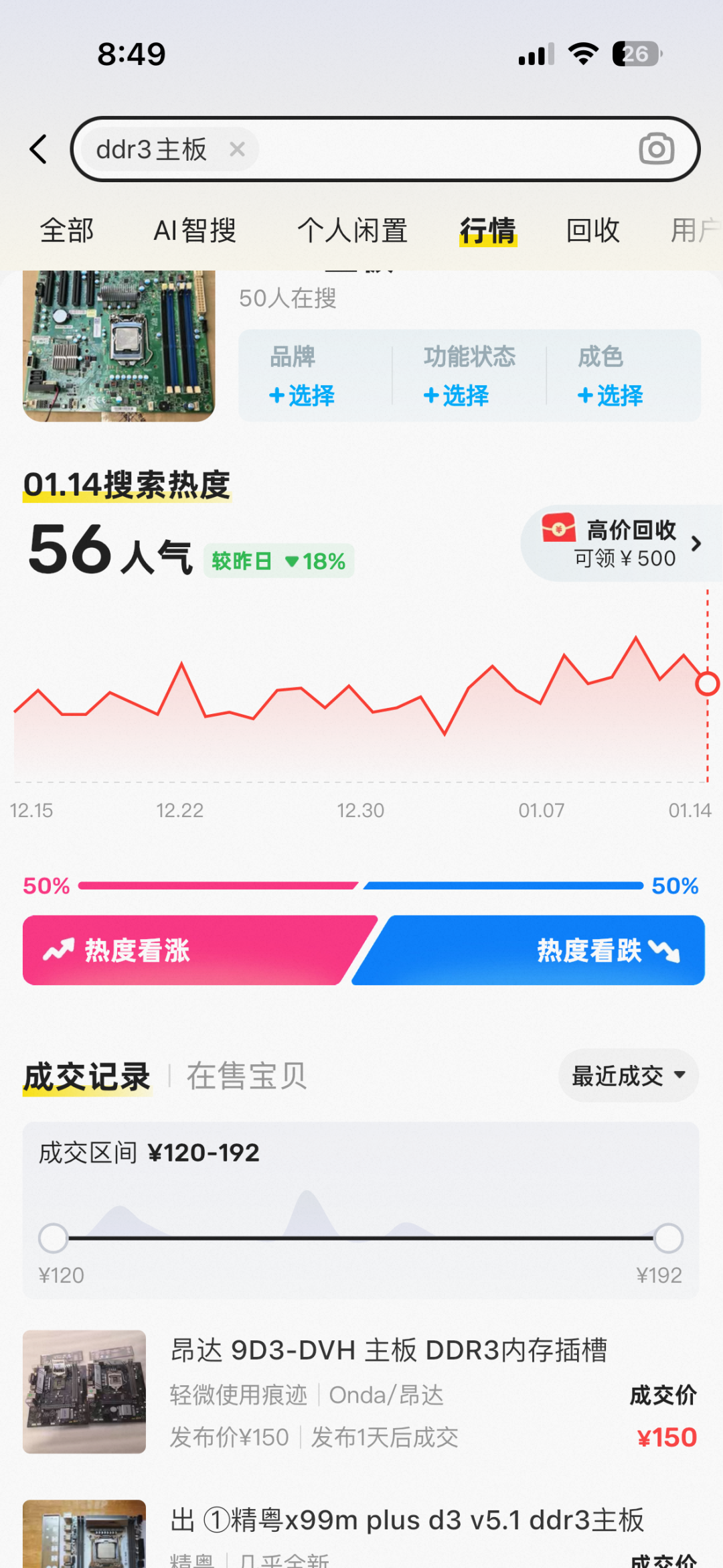 二手平台“ddr3主板”关键词搜索热度与成交记录